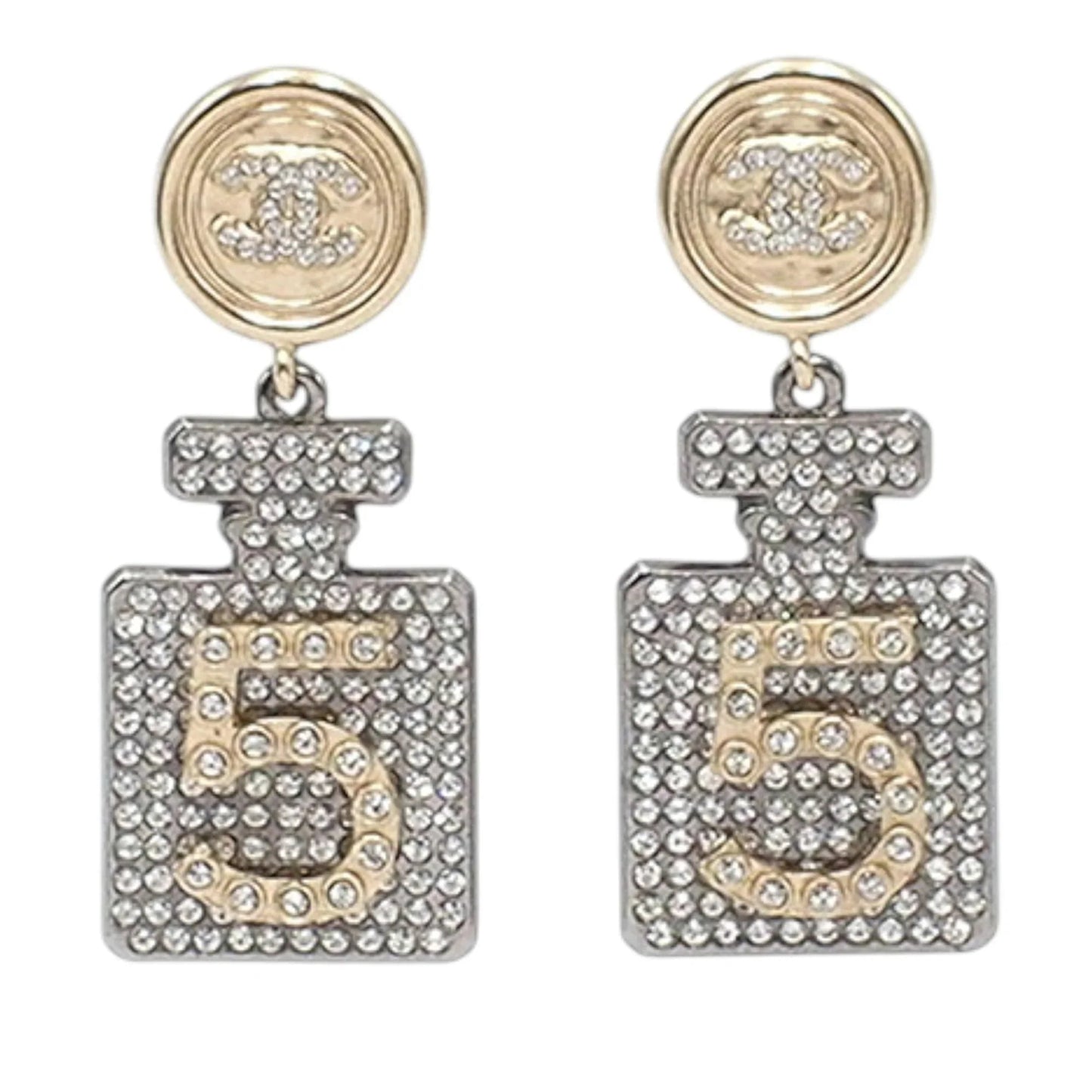 Gold Chanel Gold Plated and Silver Plated CC Rhinestone No 5 Perfume Bottle Drop Push Back Earrings