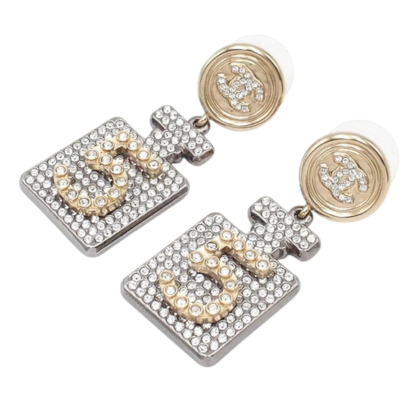 Gold Chanel Gold Plated and Silver Plated CC Rhinestone No 5 Perfume Bottle Drop Push Back Earrings