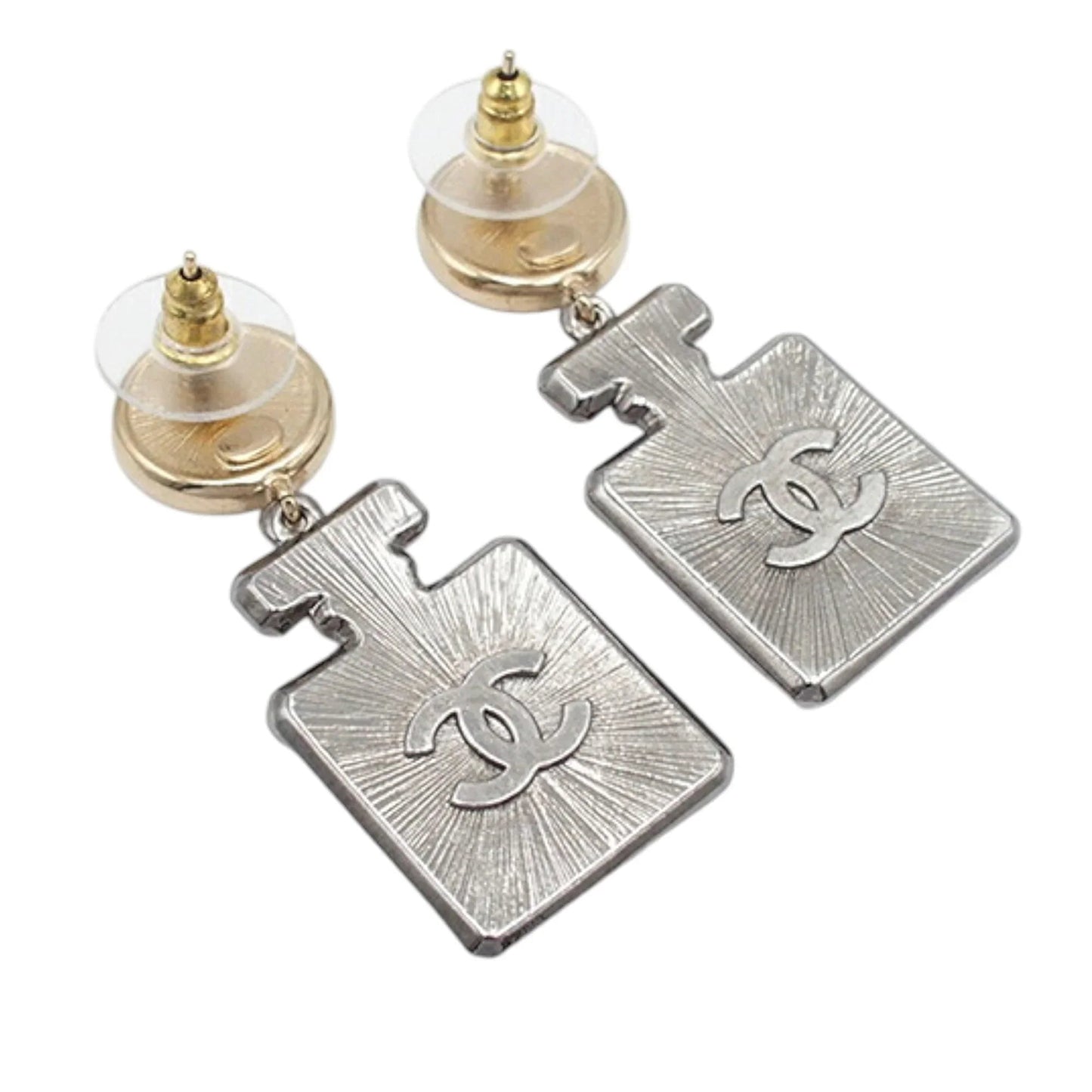 Gold Chanel Gold Plated and Silver Plated CC Rhinestone No 5 Perfume Bottle Drop Push Back Earrings