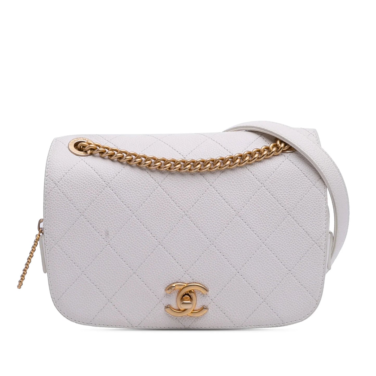 White Chanel CC Quilted Caviar Turnlock Full Flap Crossbody Bag