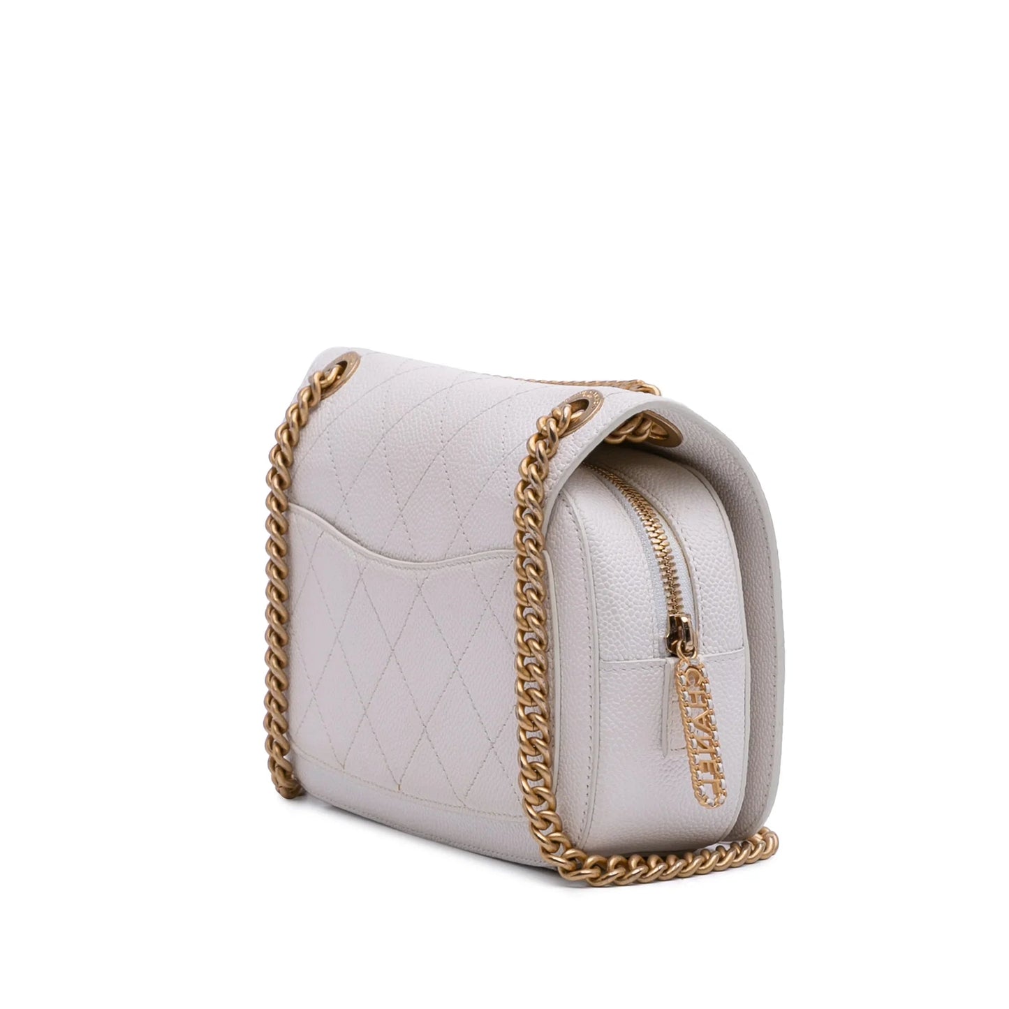 White Chanel CC Quilted Caviar Turnlock Full Flap Crossbody Bag