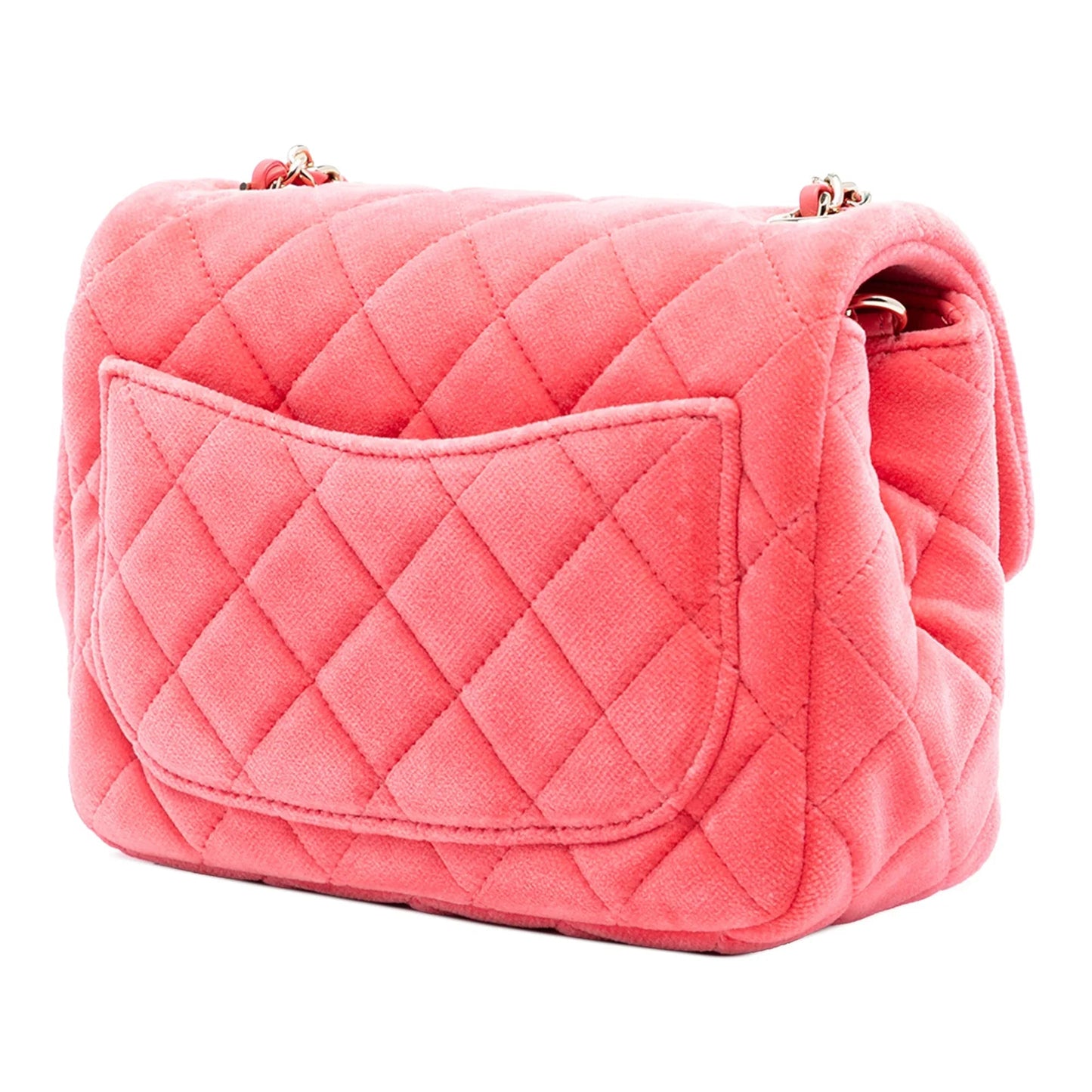 Pink Chanel Mini Square Classic Velvet Pearl Crush Single Flap Crossbody Bag