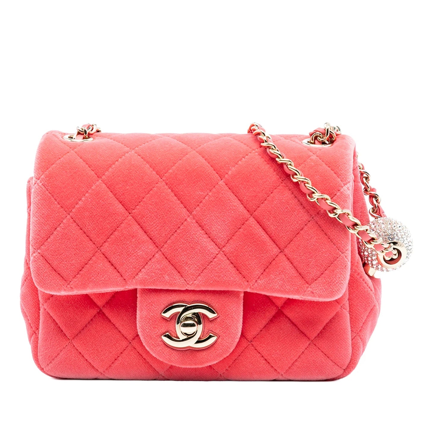 Pink Chanel Mini Square Classic Velvet Pearl Crush Single Flap Crossbody Bag