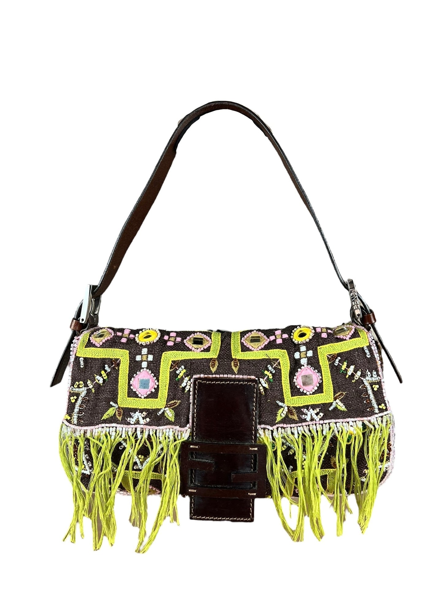 Fendi Canvas Baguette Dark Brown Beaded