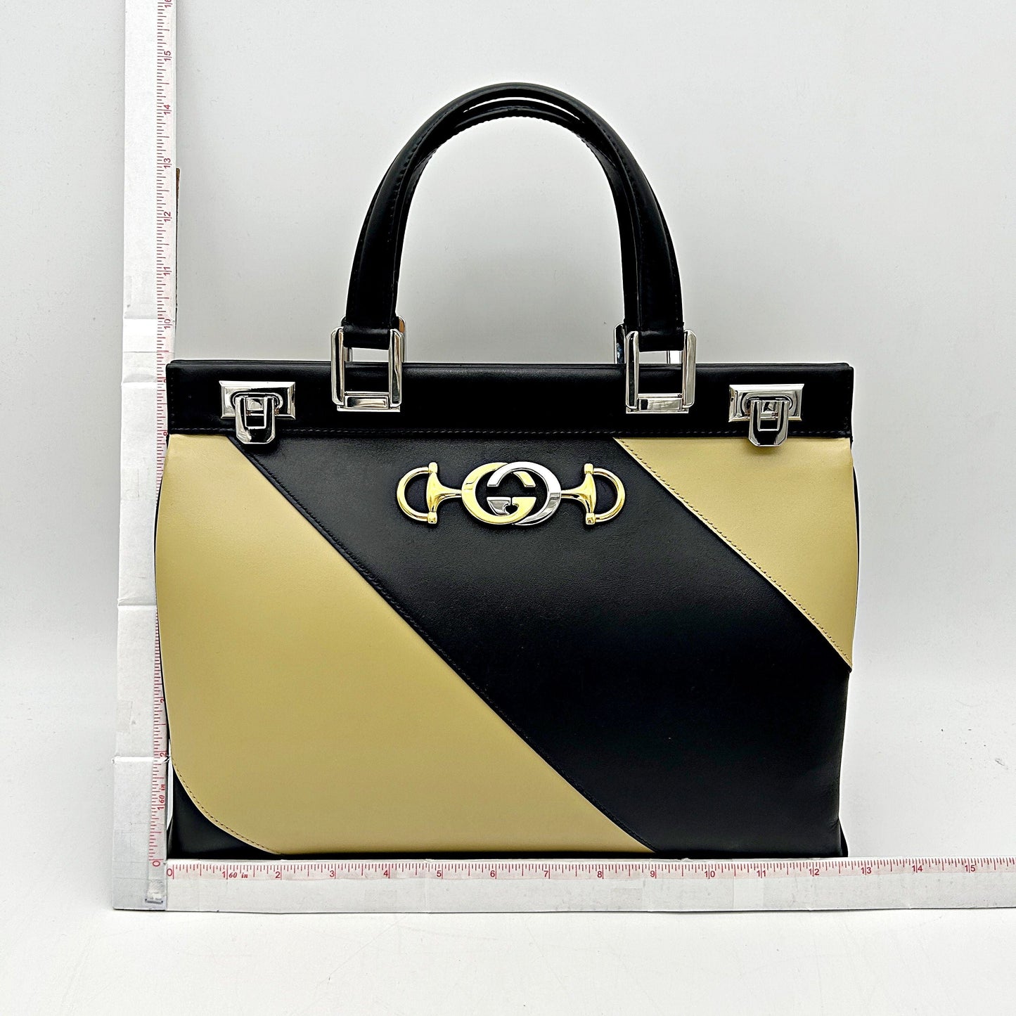 GUCCI Smooth Calfskin Diagonal Striped Small Zumi Top Handle Bag Black Beige LA