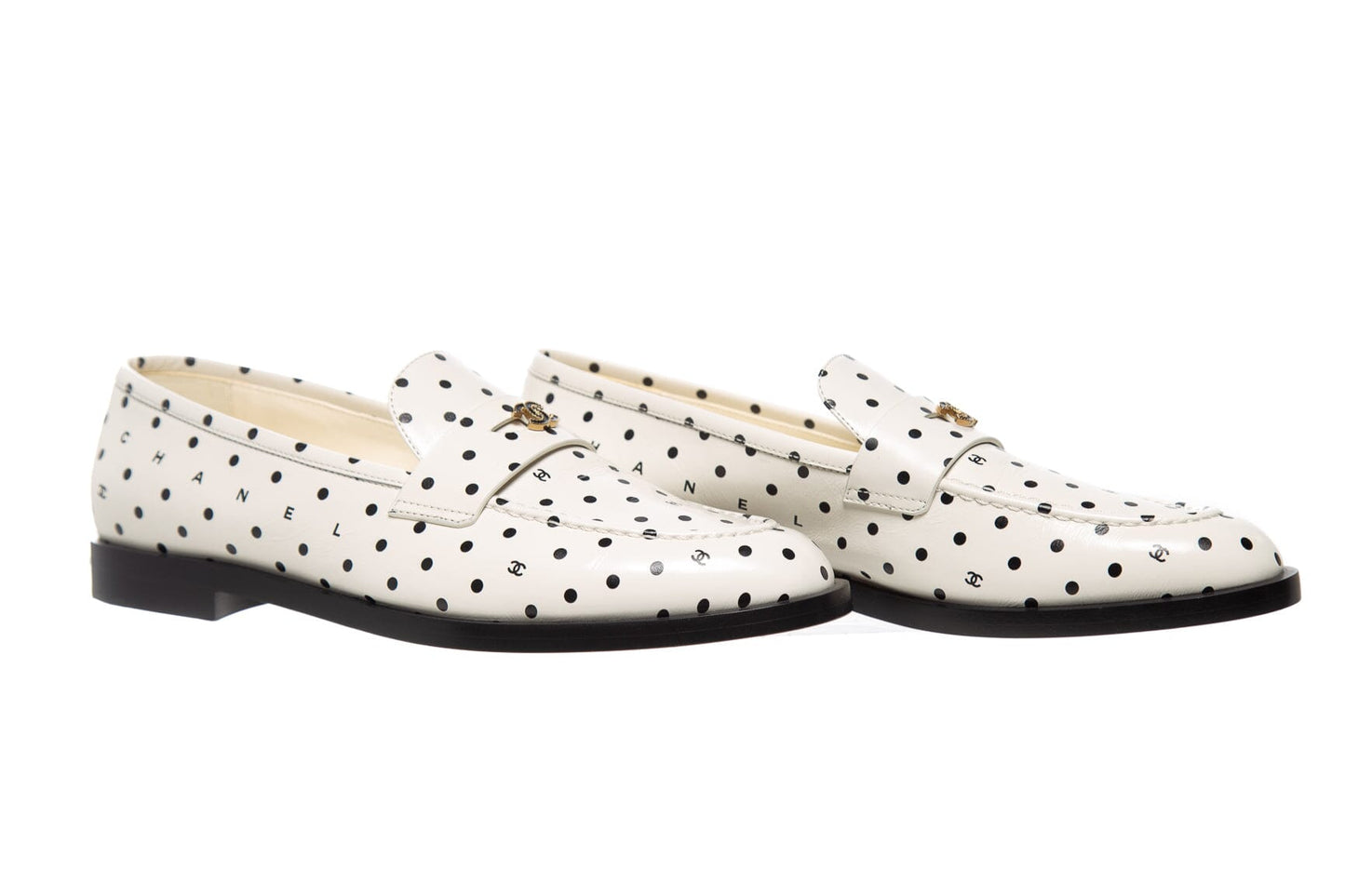 Chanel White And Black Polka Dot and Interlocking CC Logo Loafers SZ 39