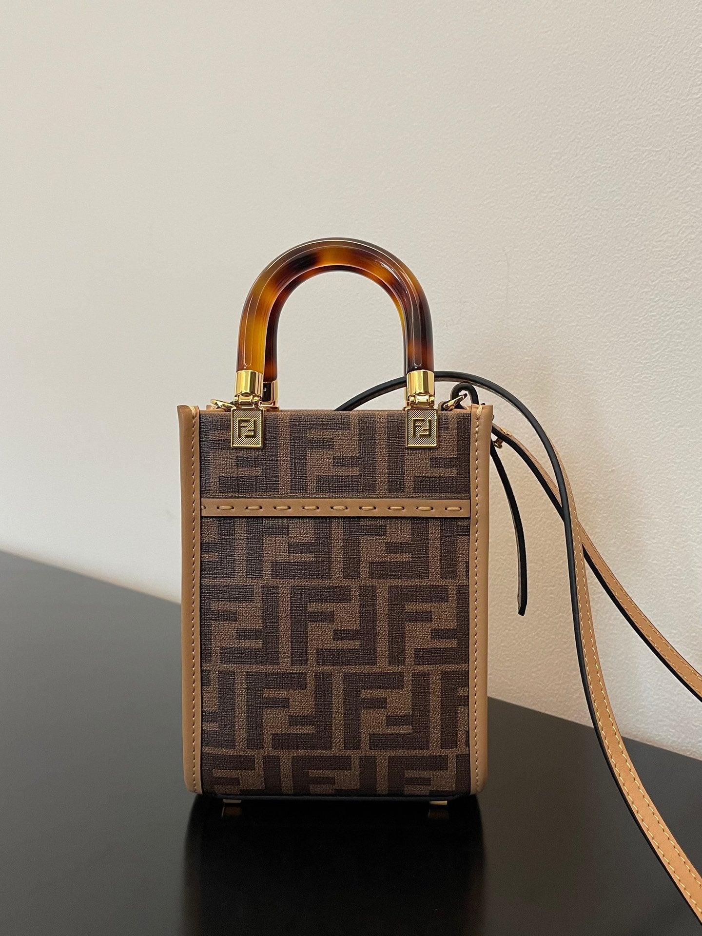 Top QualityTop Quality Sunshine Shopper Brown FF Fabric Brown Mini Bag For Woman 13cm/5in