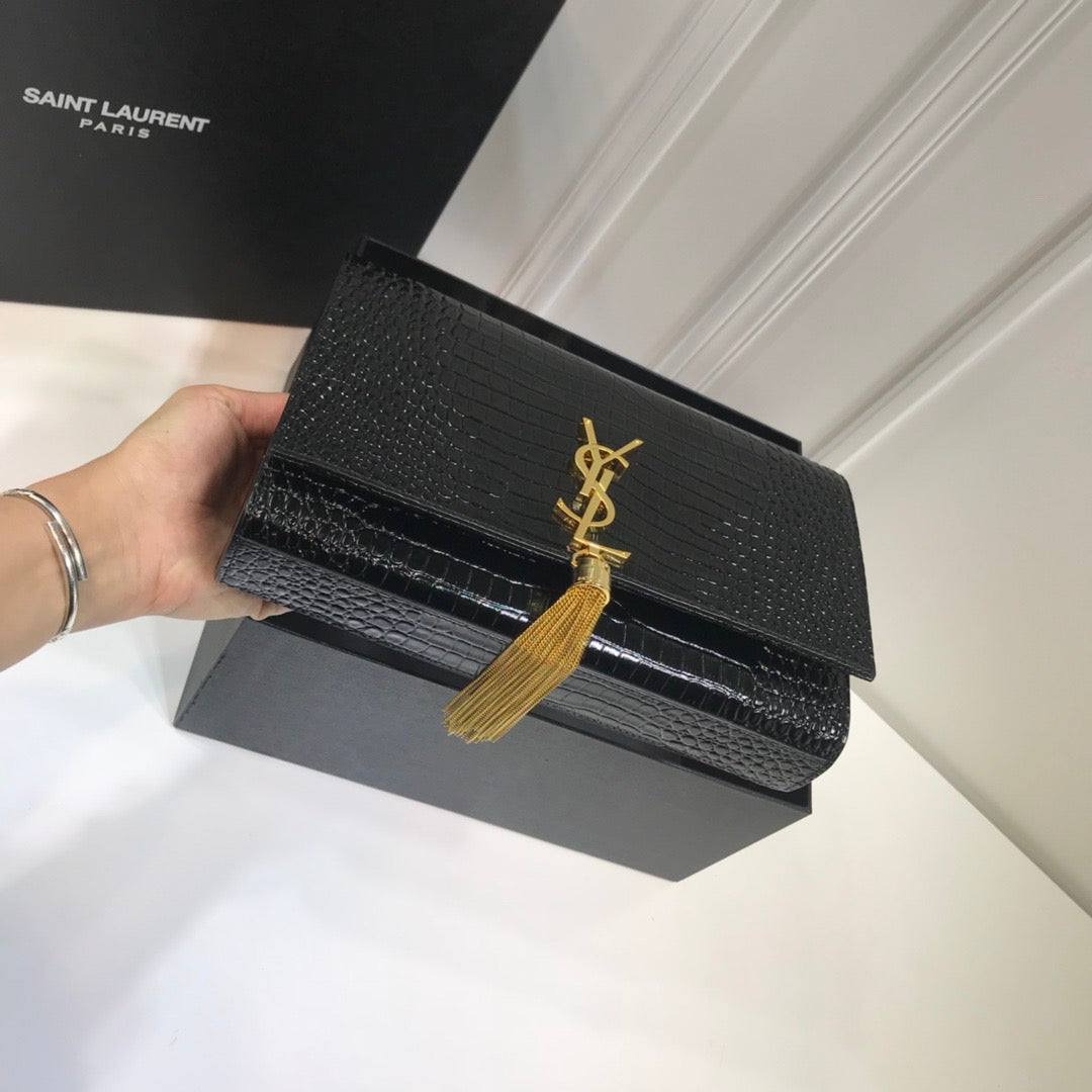 Top Quality Kate MeTop Qualityum Chain Bag With Tassel In Embossed CrocoTop Qualityle Black For Women 9.4in/24cm YSL 354119DND0J1000