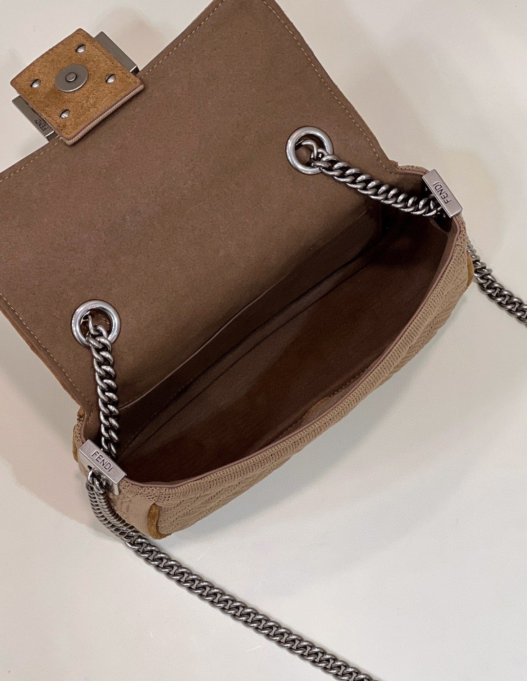 Top QualityTop Quality Baguette Chain Midi Beige FF Fabric Bag For Woman 14.5cm/6in 8BR793AHW5F1F2J