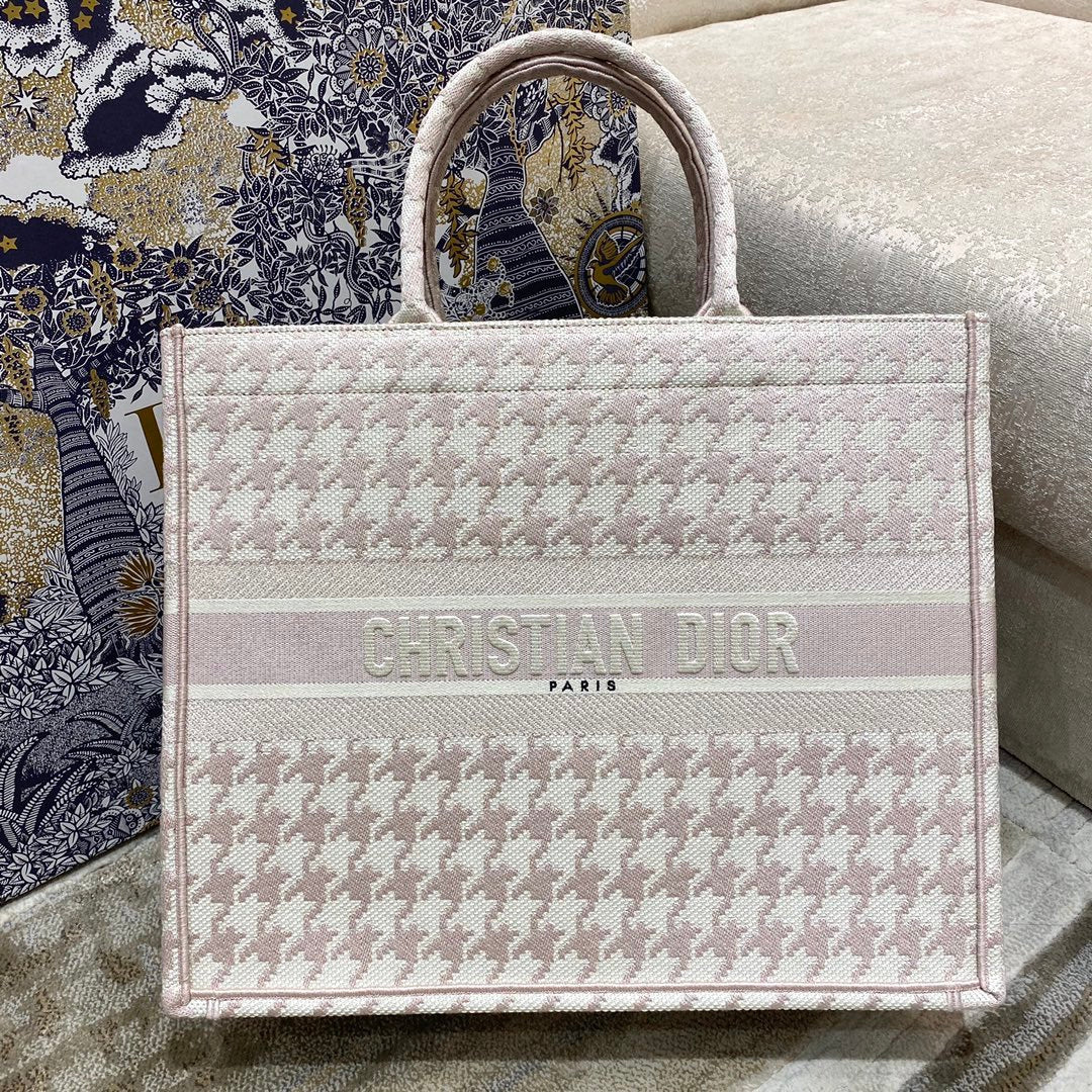 Top Quality Large Book Tote Pale Pink Houndstooth Embroidery, Pink, For Women Womens Handbags, Shoulder Bags, 42cm CD