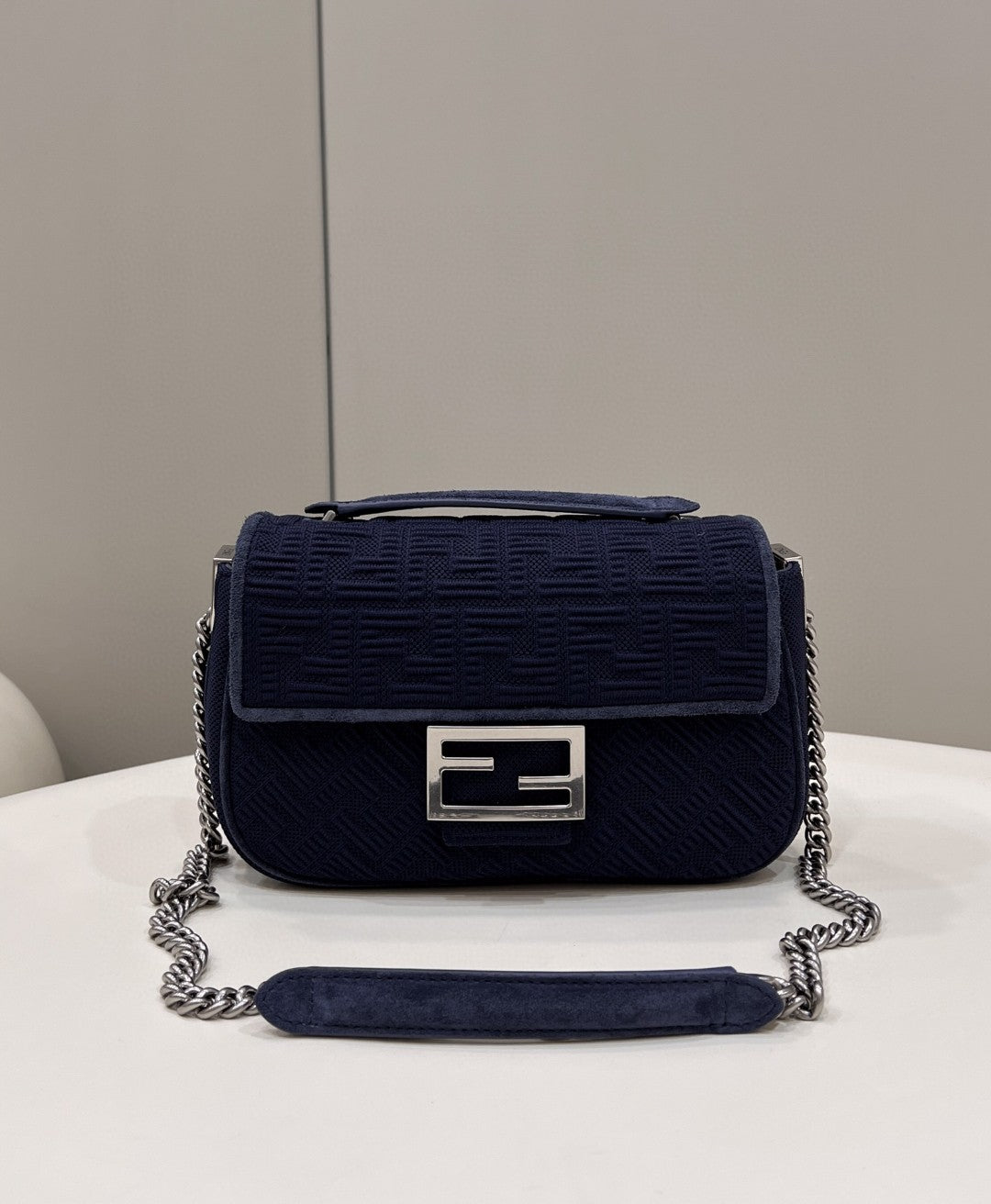 Top QualityTop Quality Baguette Chain Midi Navy Blue FF Fabric Bag For Woman 14.5cm/6in