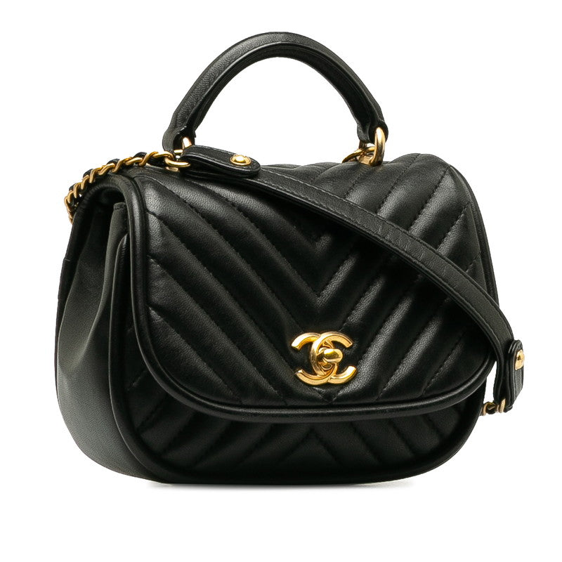 Chanel Coco V Stitch Top Handle  Chain Shoulder Bag Black Leather  CHANEL Middle]