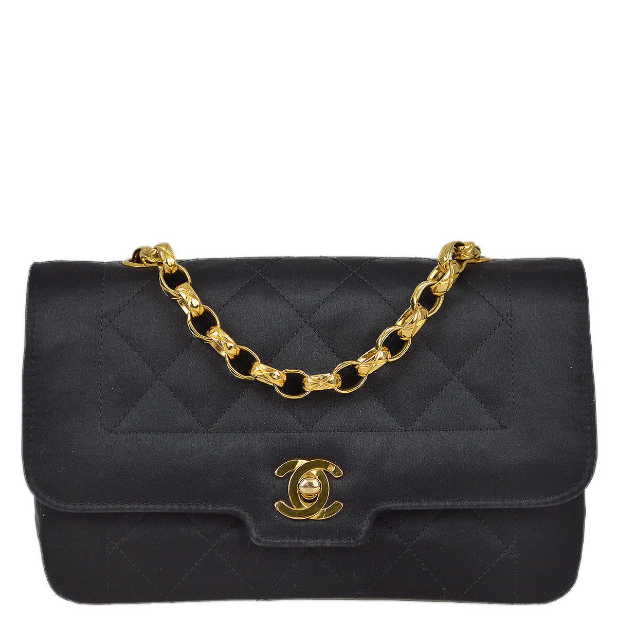 Chanel 1989-1991 Black Satin Mini Border Flap Shoulder Bag