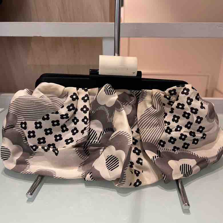 Chanel   Floral Printed Silk Pouch Black White Medium