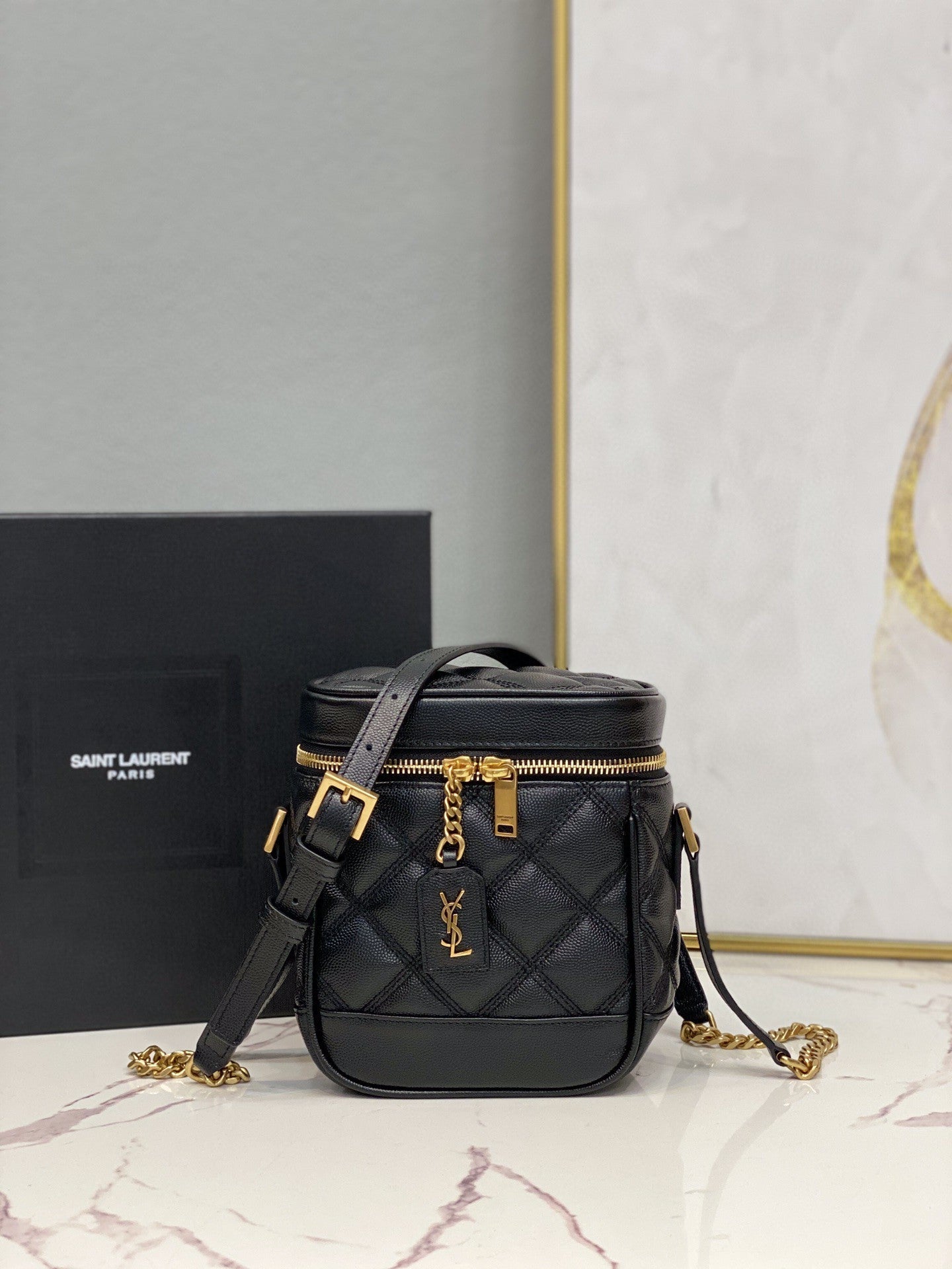 YSSL 80’s Vanity Bag In Carré-Quilted Grain De Poudre Black For Women 6in/16.5cm YSL 649779DME271000