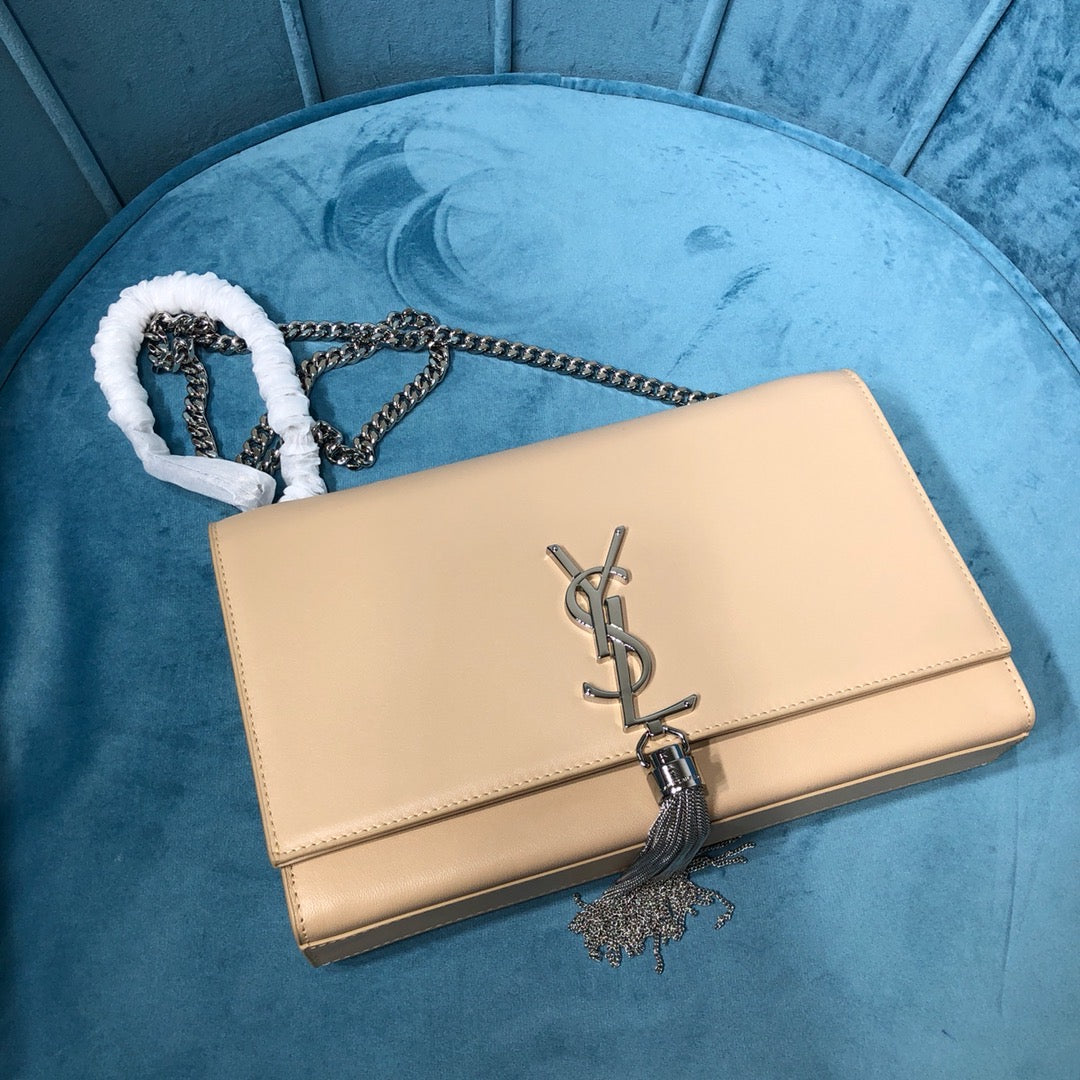 YSSL Kate Medium Chain Bag With Tassel In Grain De Poudre Beige For Women 9in/24cm YSL 