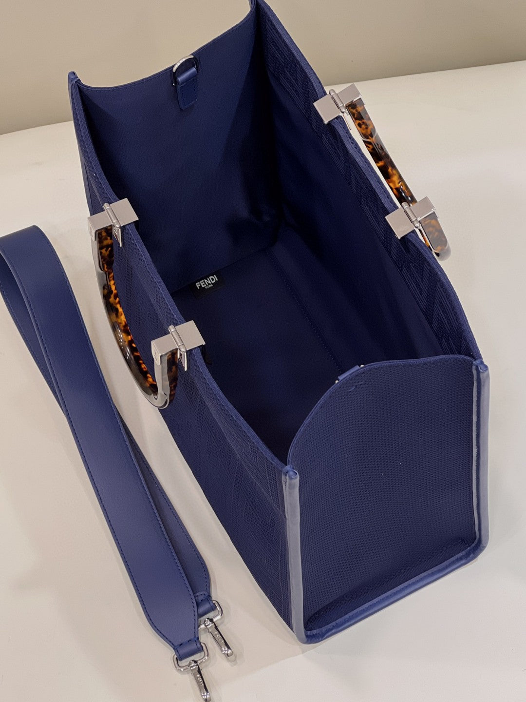 Top QualityTop Quality Sunshine Medium Navy Blue FF fabric shopper Bag For Woman 31cm/12in