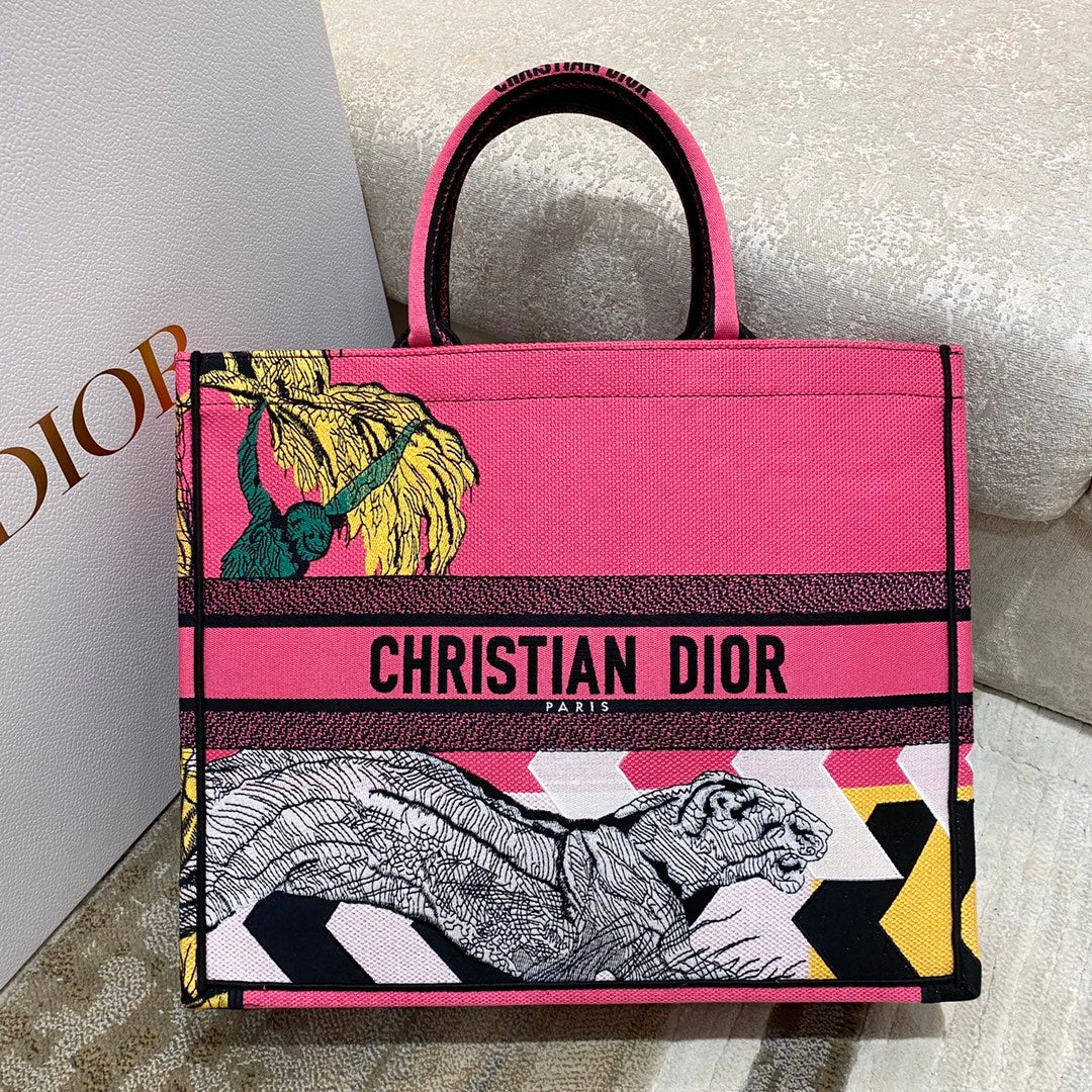 Top Quality Large Book Tote Multicolor Toile de Jouy Zoom Pop Embroidery, Fuchsia Pink, For Women Womens Handbags, 41cm CD M1286ZROH_M929
