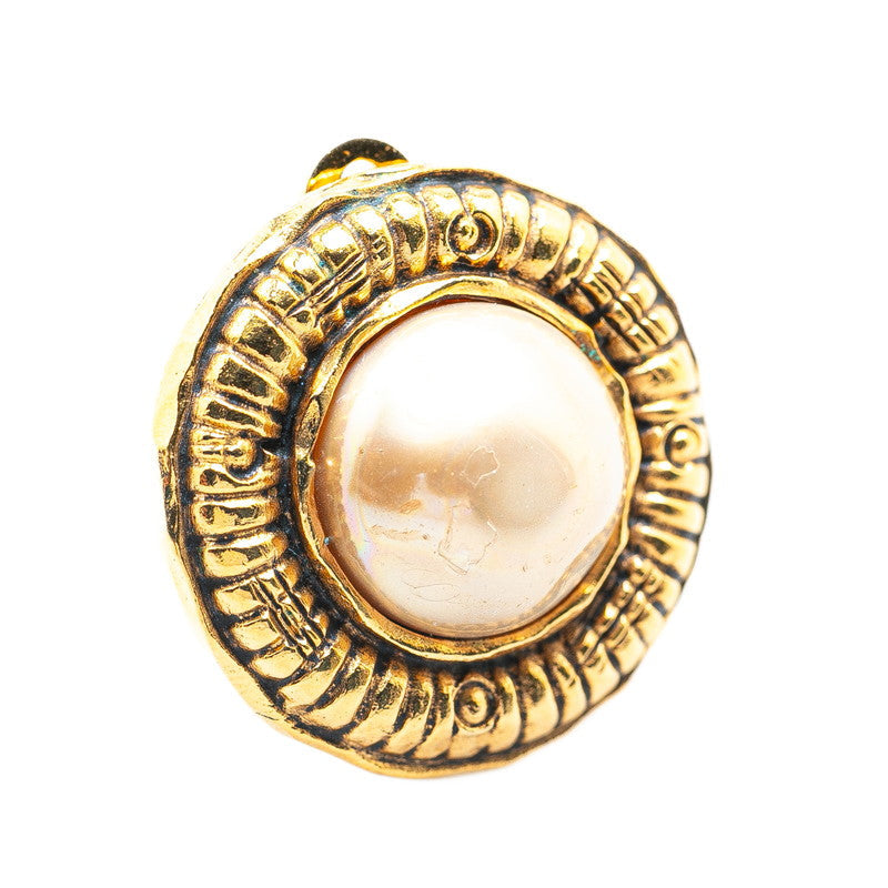 Chanel Gold Plated Round Faux Pearl Clip Earrings