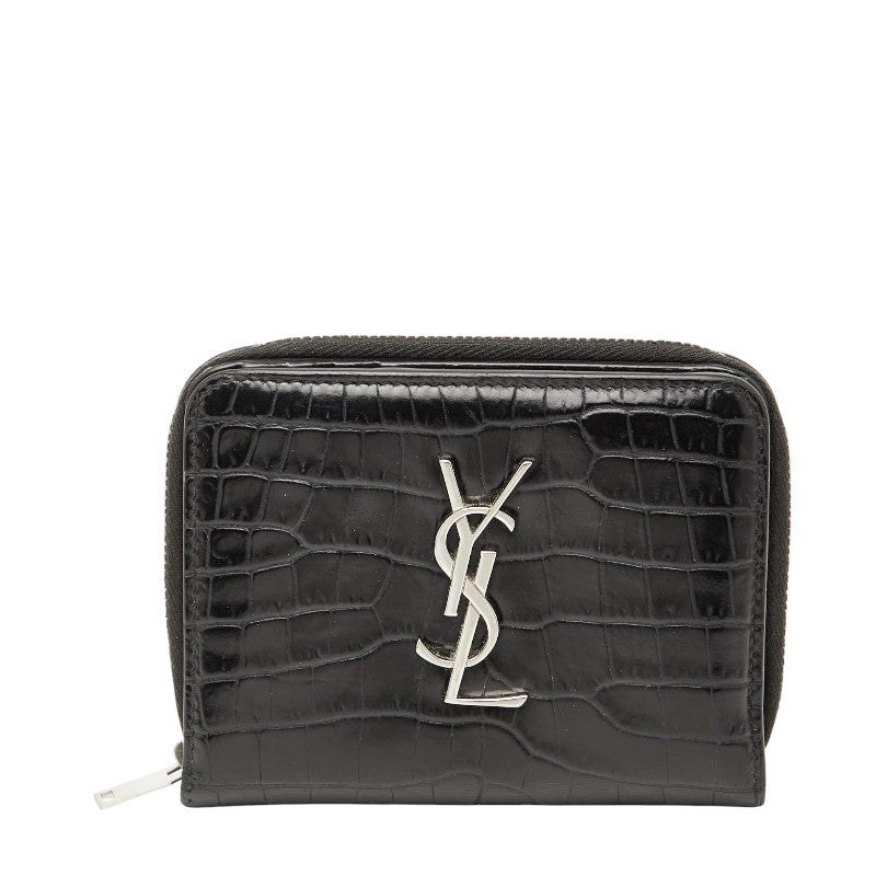 Saint Laurent YSL Crocodile Embossed Leather Zip Wallet