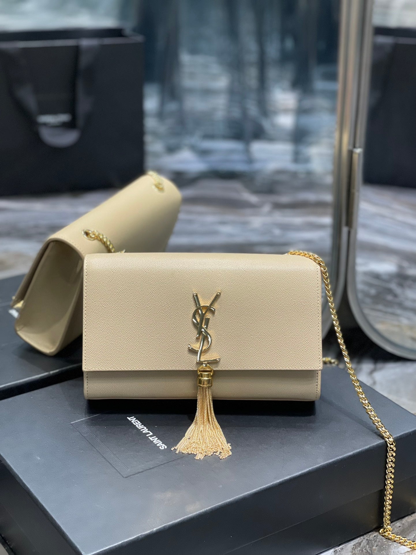 YSSL Kata Medium Chain Bag Beige With Tassel For Women 9in/24cm YSL