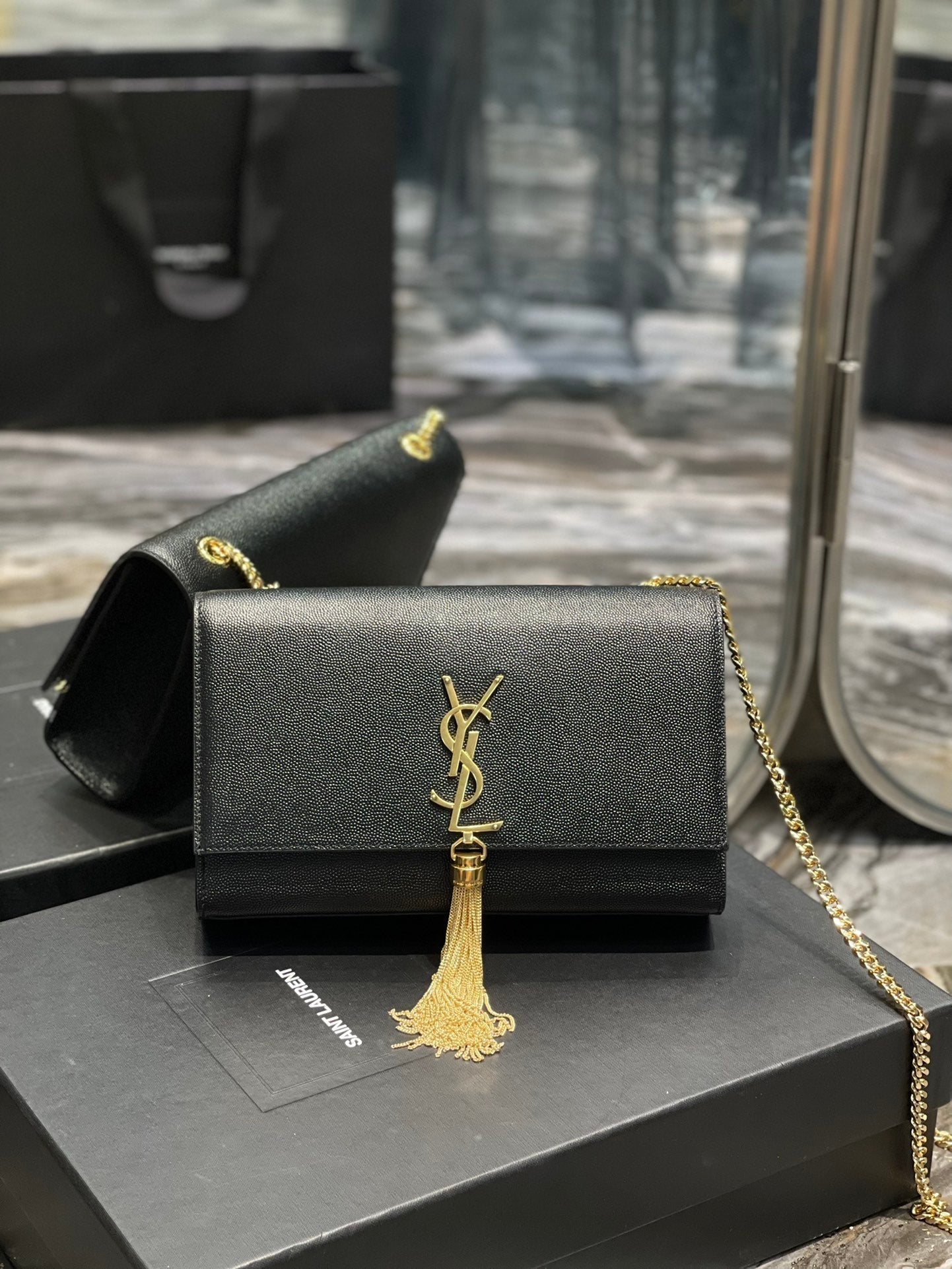 YSSL Kata Medium Chain Bag Black With Tassel For Women 9in/24cm YSL 354119BOW0J1000