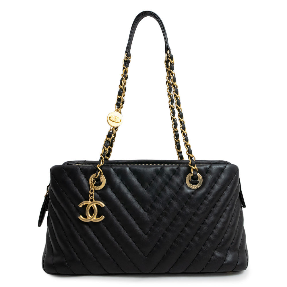 Chanel CC Mark Charm Chevron V Stitch Chain Calfskin Black