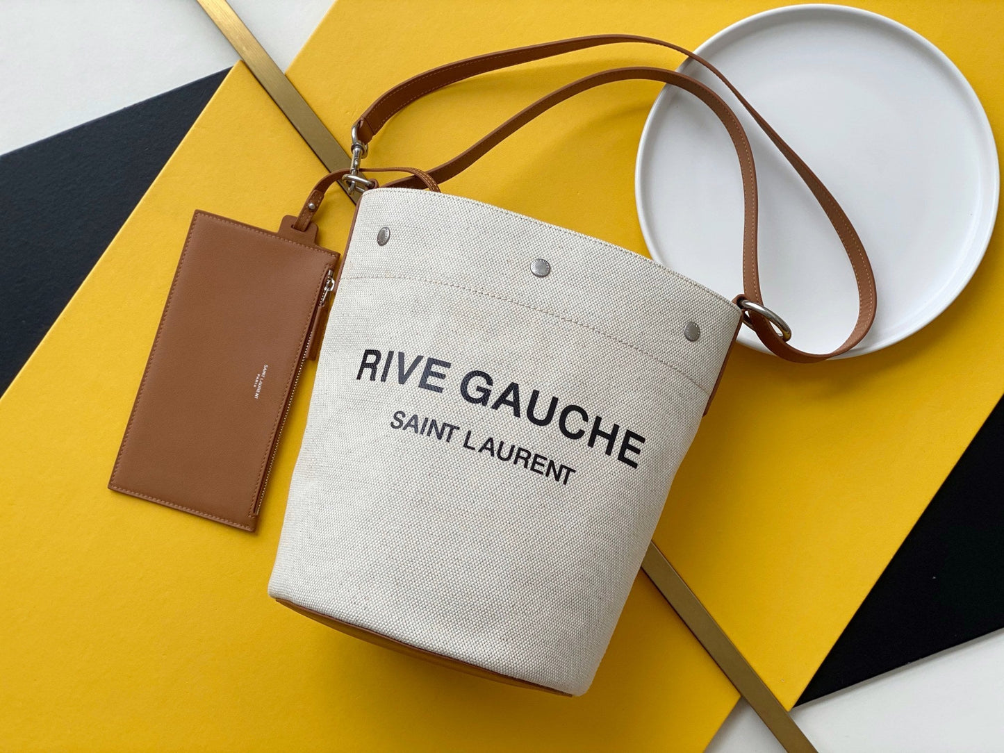 YSSL Rive Gauche Bucket Bag In Linen With Brown Strap For Women 11in/30cm YSL 669299FAABK9053