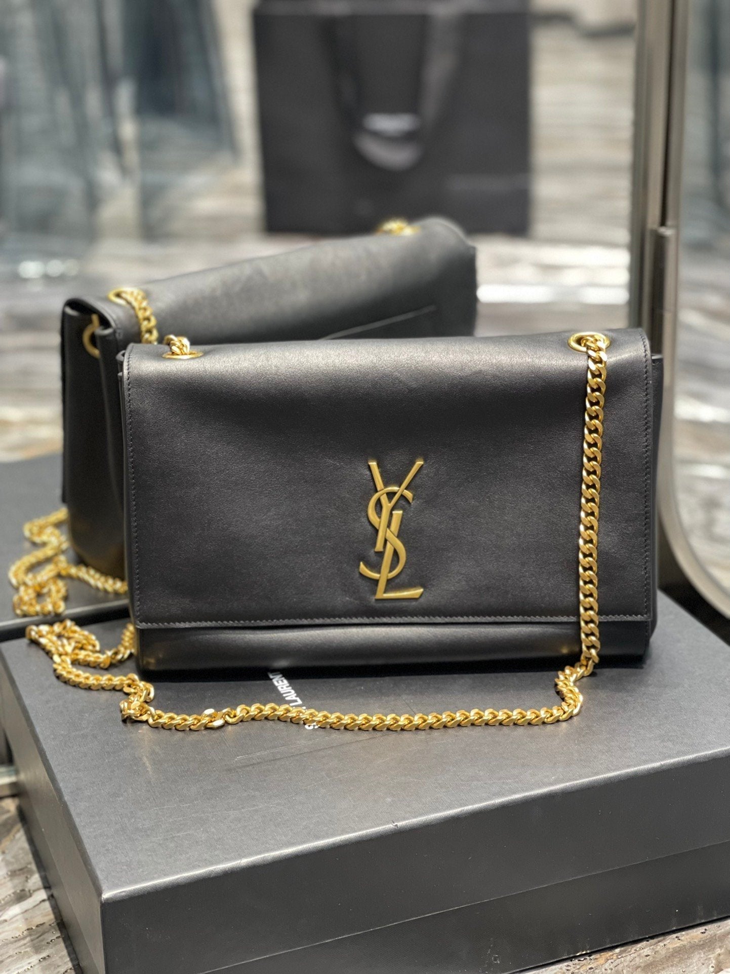 YSSL Kate Medium Reversible Chain Bag Black In Suede With Gold Hardware For Women 11in/29cm YSL