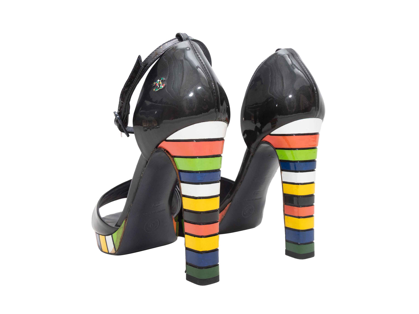 Black & Multicolor Chanel Colorblock Patent Heeled Sandals Size 39