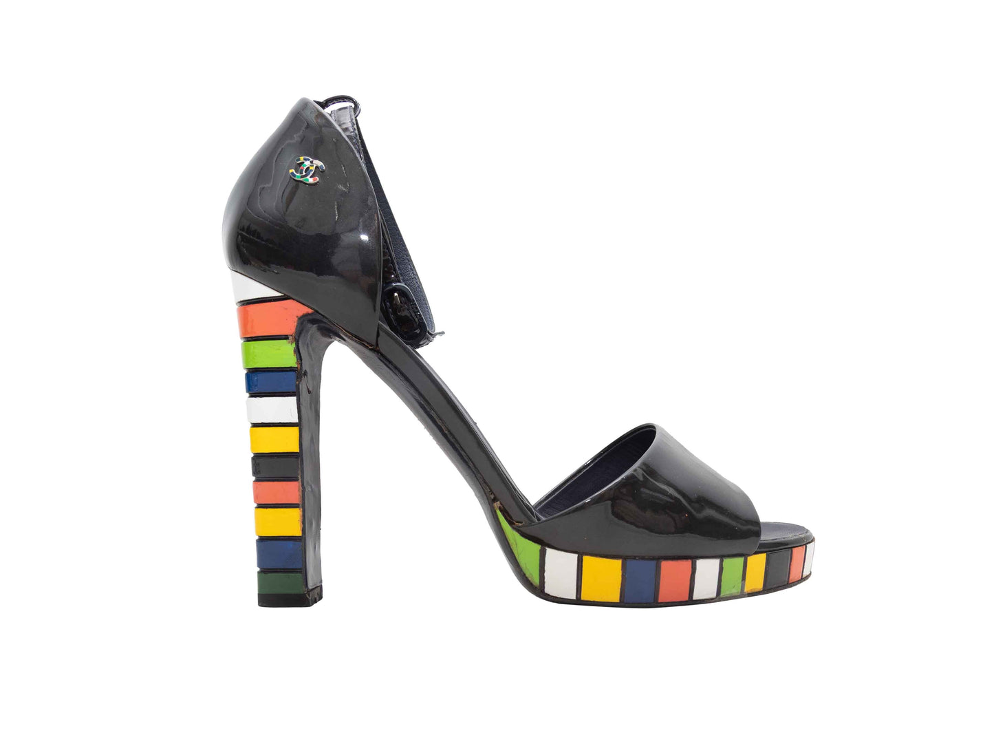 Black & Multicolor Chanel Colorblock Patent Heeled Sandals Size 39