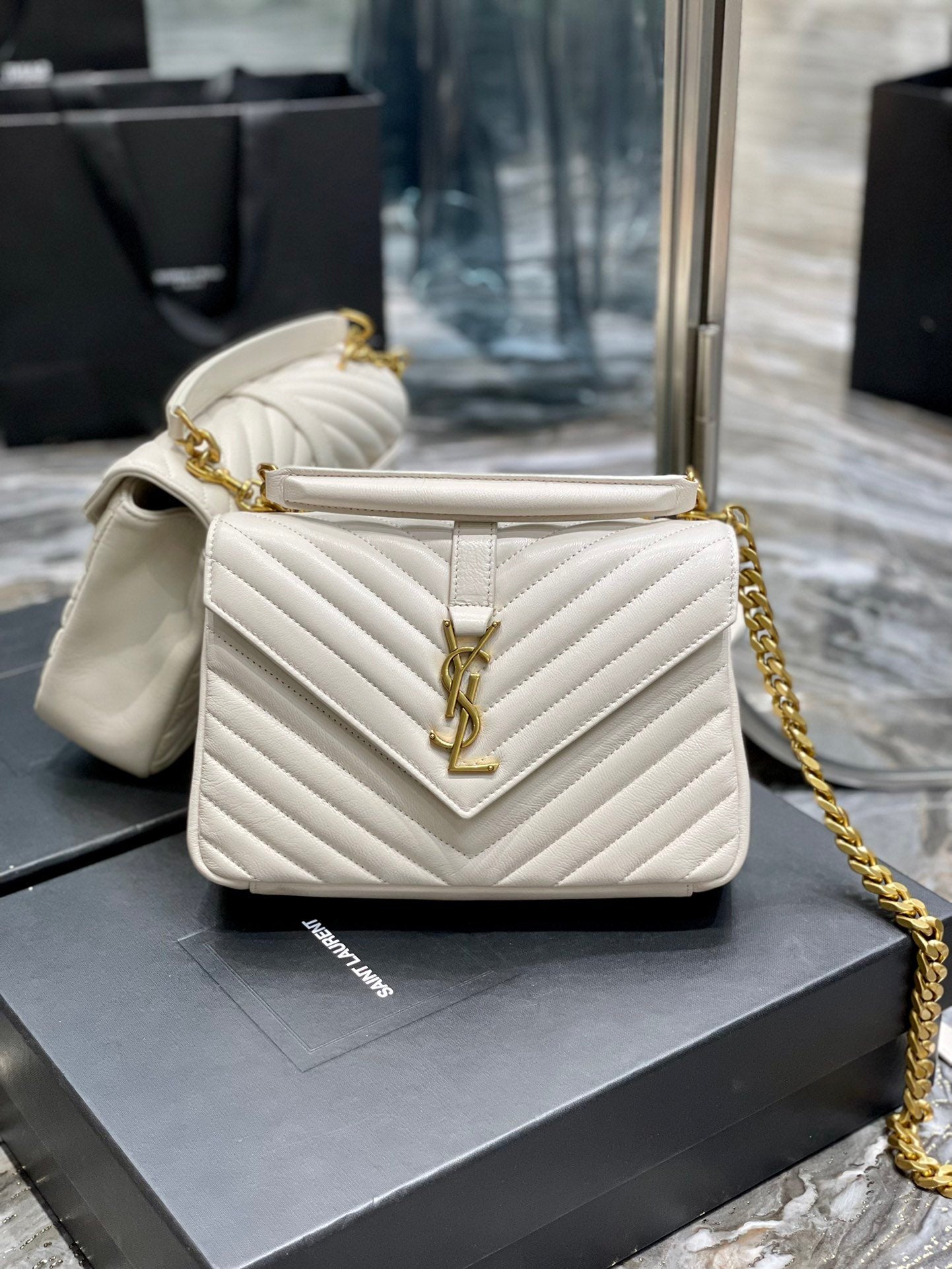 YSSL College Medium Chain Bag White Gold Toned Hardware For Women 9in/24cm YSL 600279BRM079207