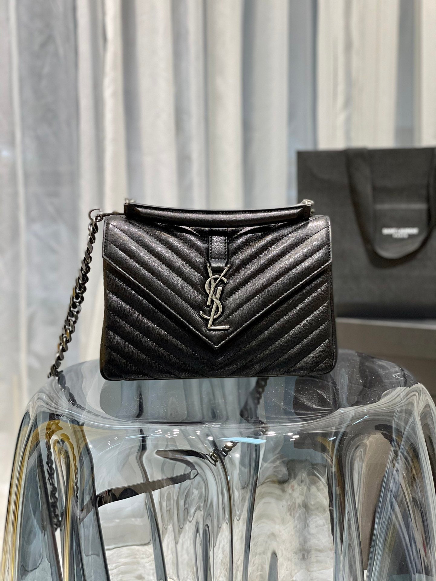 YSSL College Medium Chain Bag Black Silver Toned Hardware For Women 9in/24cm YSL 600279BRM041000