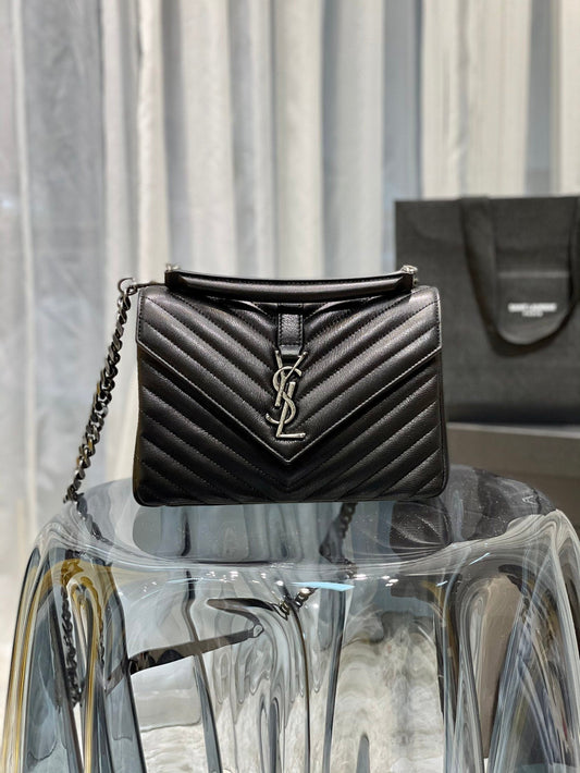 YSSL College Medium Chain Bag Black Silver Toned Hardware For Women 9in/24cm YSL 600279BRM041000