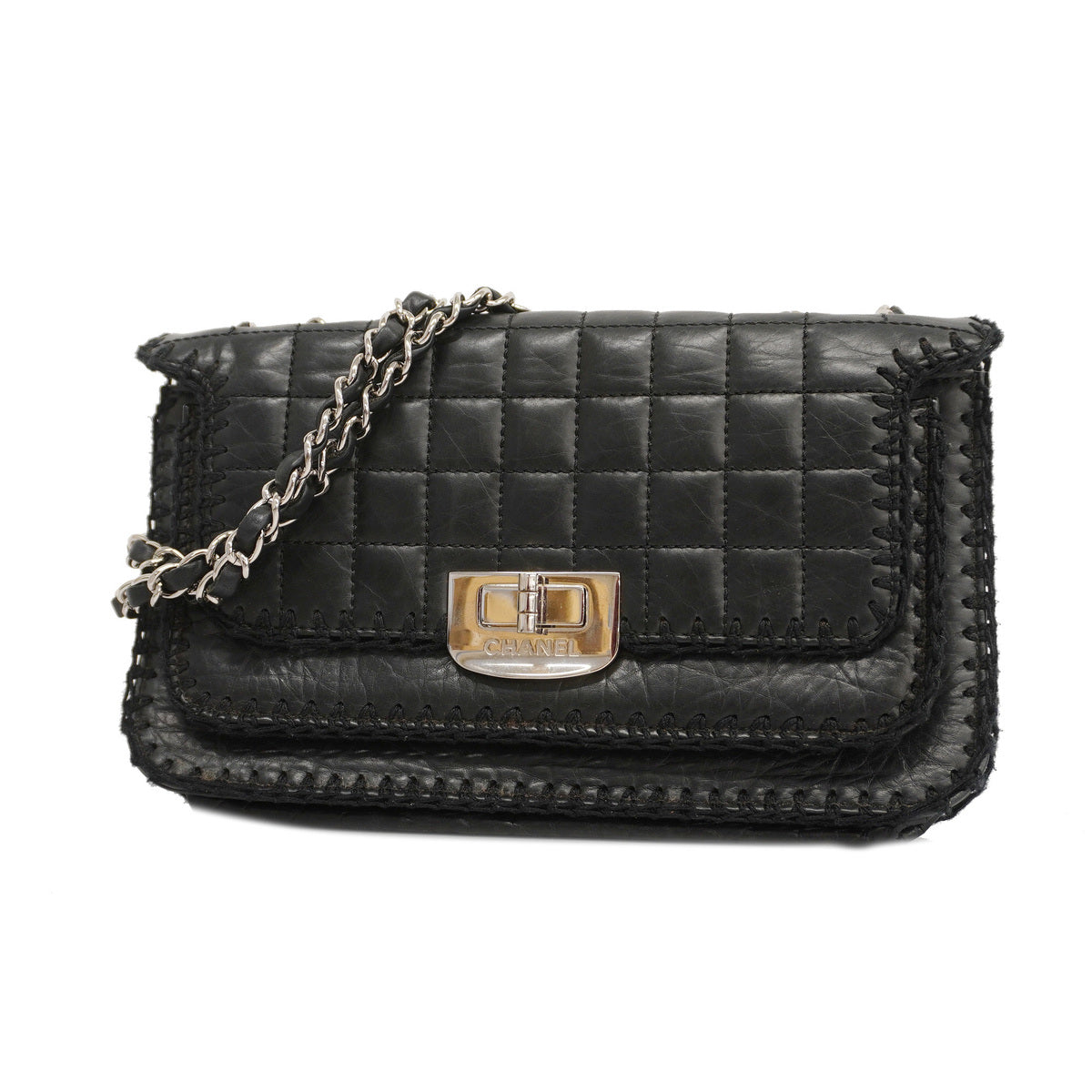 Chanel Shoulder Bag Chocolate Bar W Chain Leather Black