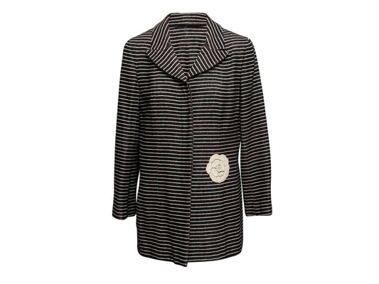 Black & White Chanel Wool-Blend Striped Camellia Jacket Size FR 48