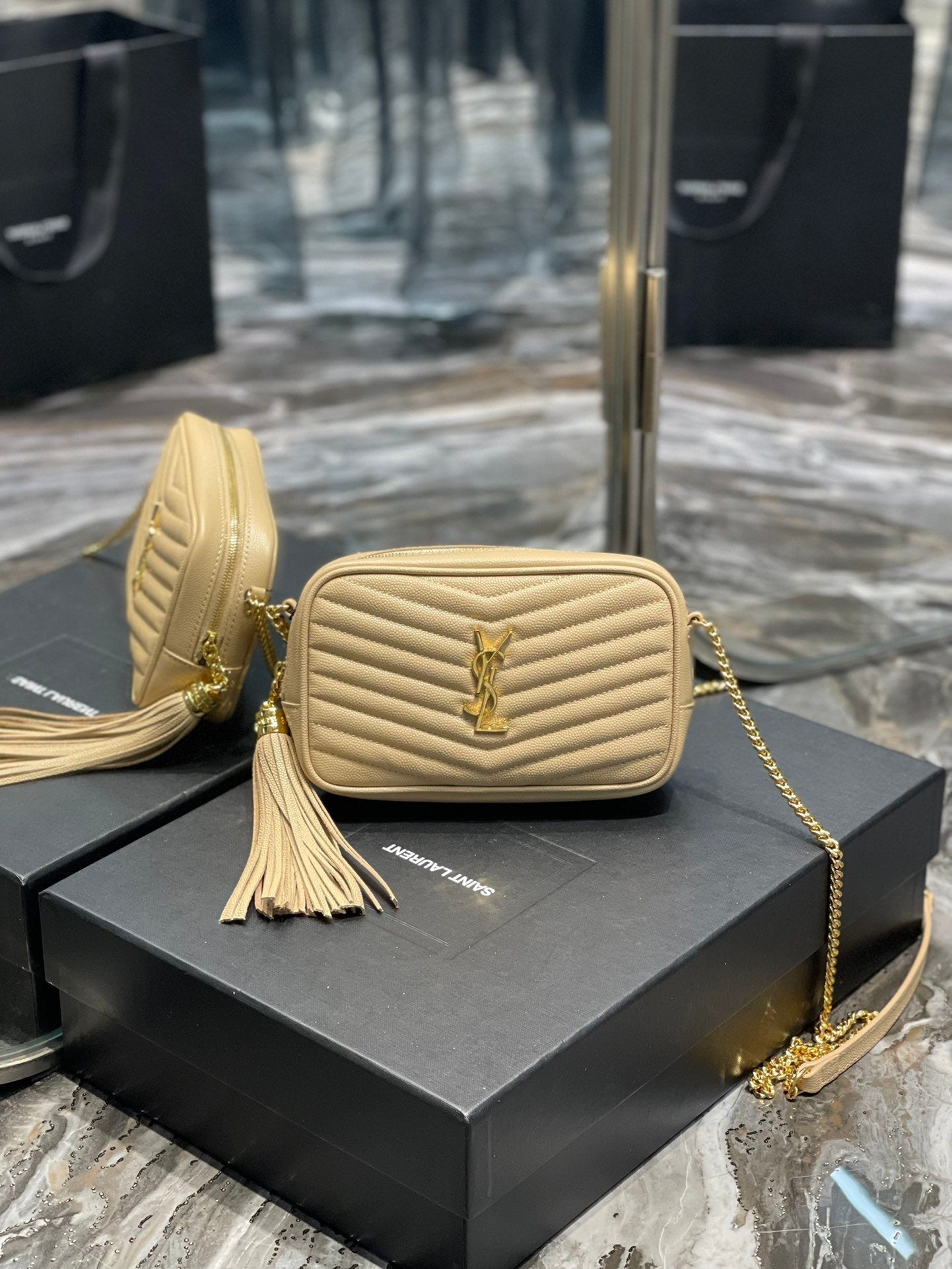 YSSL Lou Mini Bag Beige In Quilted Grain De Poudre With Gold Hardware For Women 7in/19cm YSl 6125791GF012721