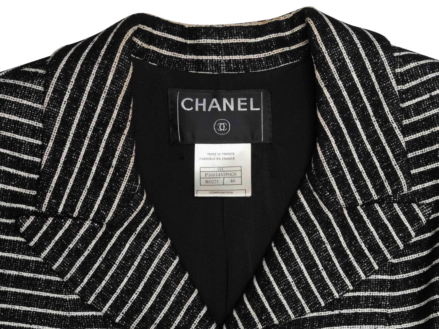 Black & White Chanel Wool-Blend Striped Camellia Jacket Size FR 48