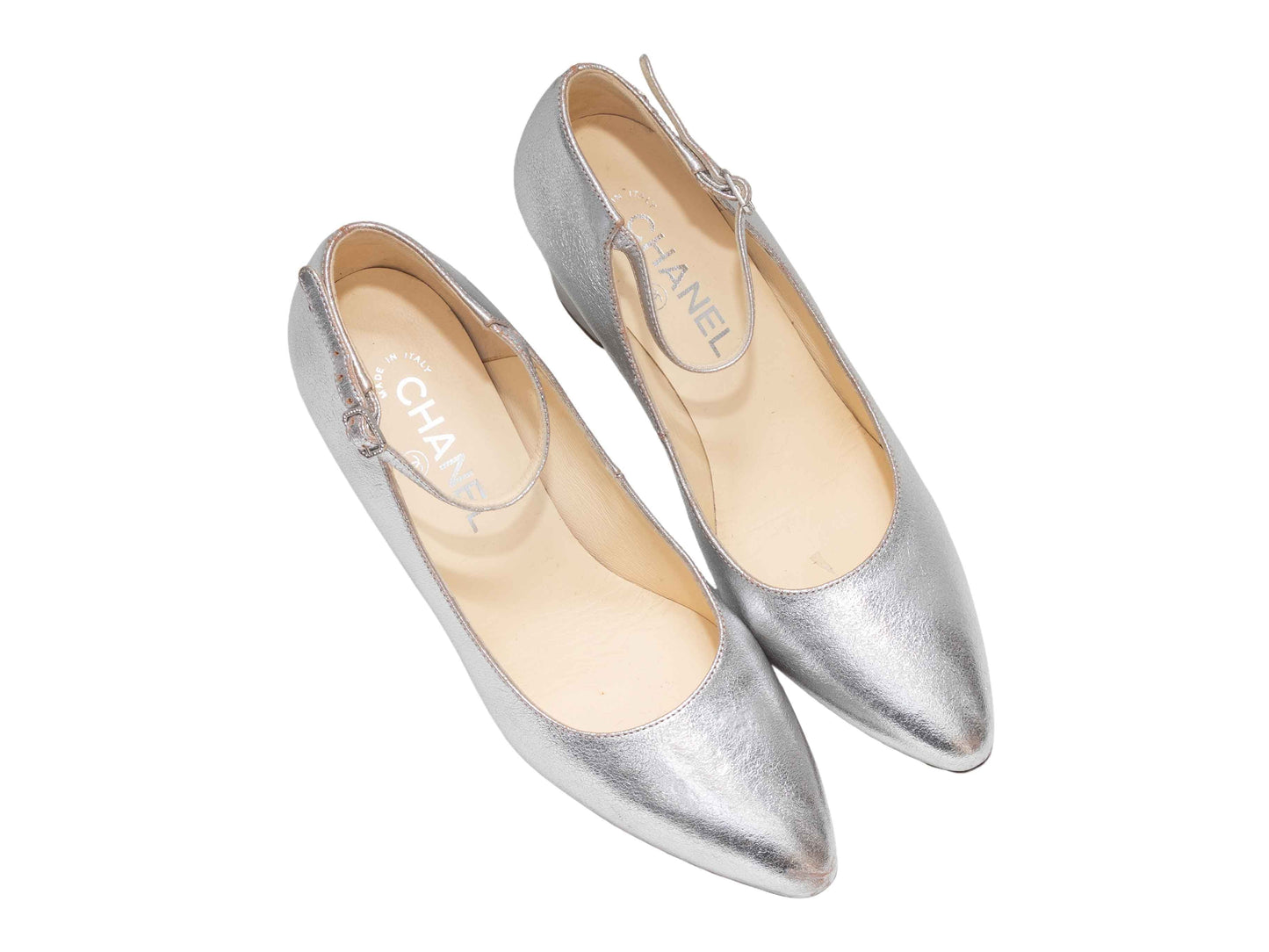 Silver Chanel Pointed-Toe Ankle Strap Pumps Size 38