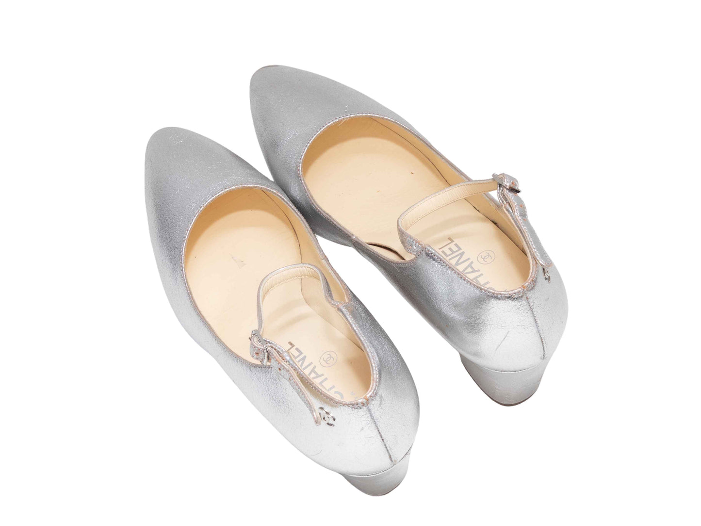 Silver Chanel Pointed-Toe Ankle Strap Pumps Size 38