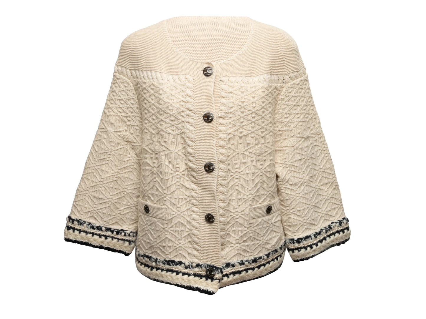 Cream & Navy Chanel Textured Cashmere Cardigan Size FR 46