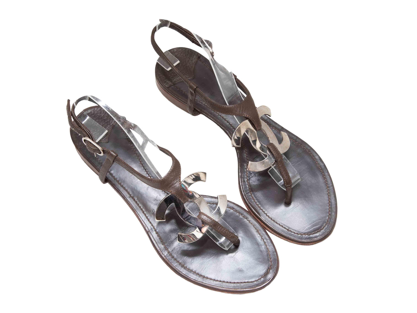 Brown Chanel Leather CC Thong Sandals Size 38.5