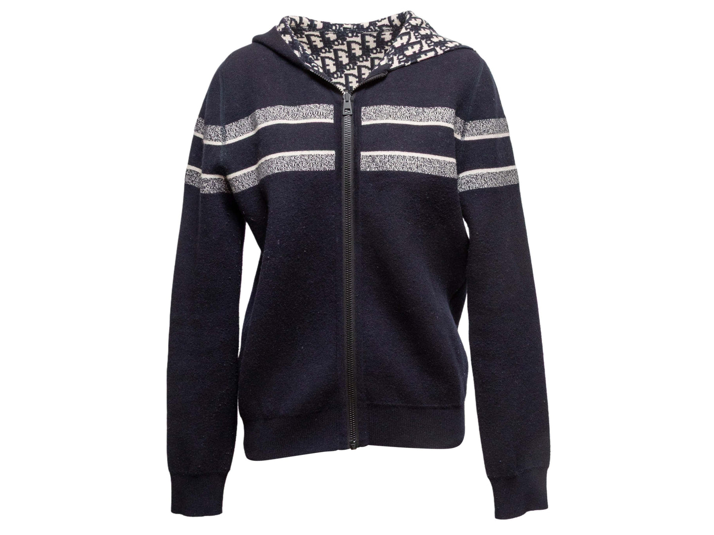 Navy & White Christian Dior 2020 Reversible Oblique Cashmere Zip Hoodie Size FR 40
