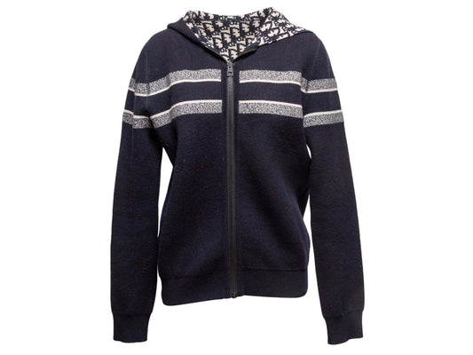 Navy & White Christian Dior 2020 Reversible Oblique Cashmere Zip Hoodie Size FR 40
