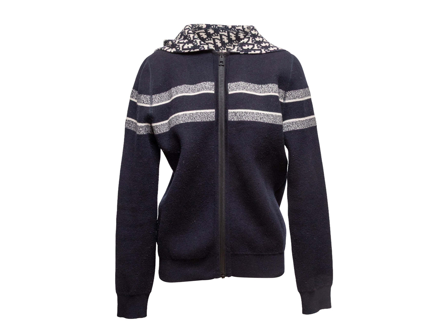 Navy & White Christian Dior 2020 Reversible Oblique Cashmere Zip Hoodie Size FR 40