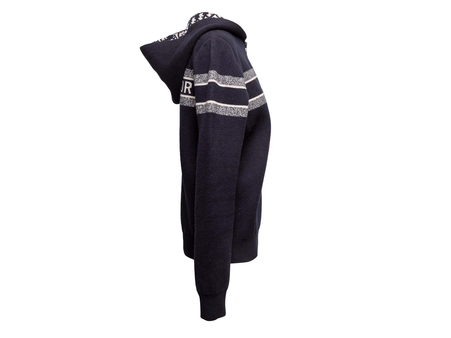 Navy & White Christian Dior 2020 Reversible Oblique Cashmere Zip Hoodie Size FR 40