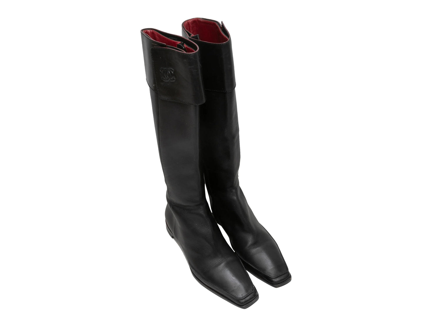 Black Chanel Knee-High Square-Toe Leather Boots Size 38