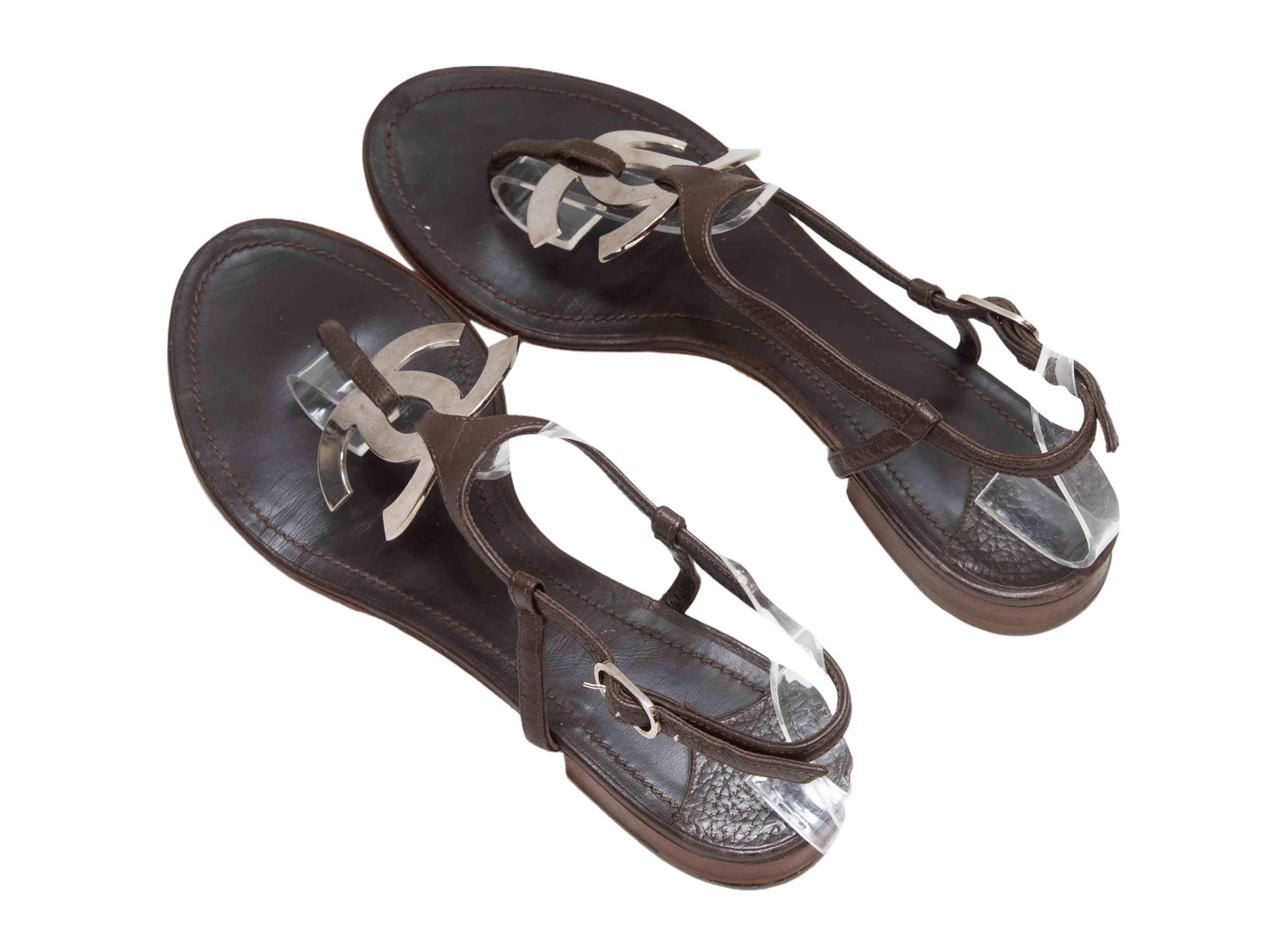 Brown Chanel Leather CC Thong Sandals Size 38.5