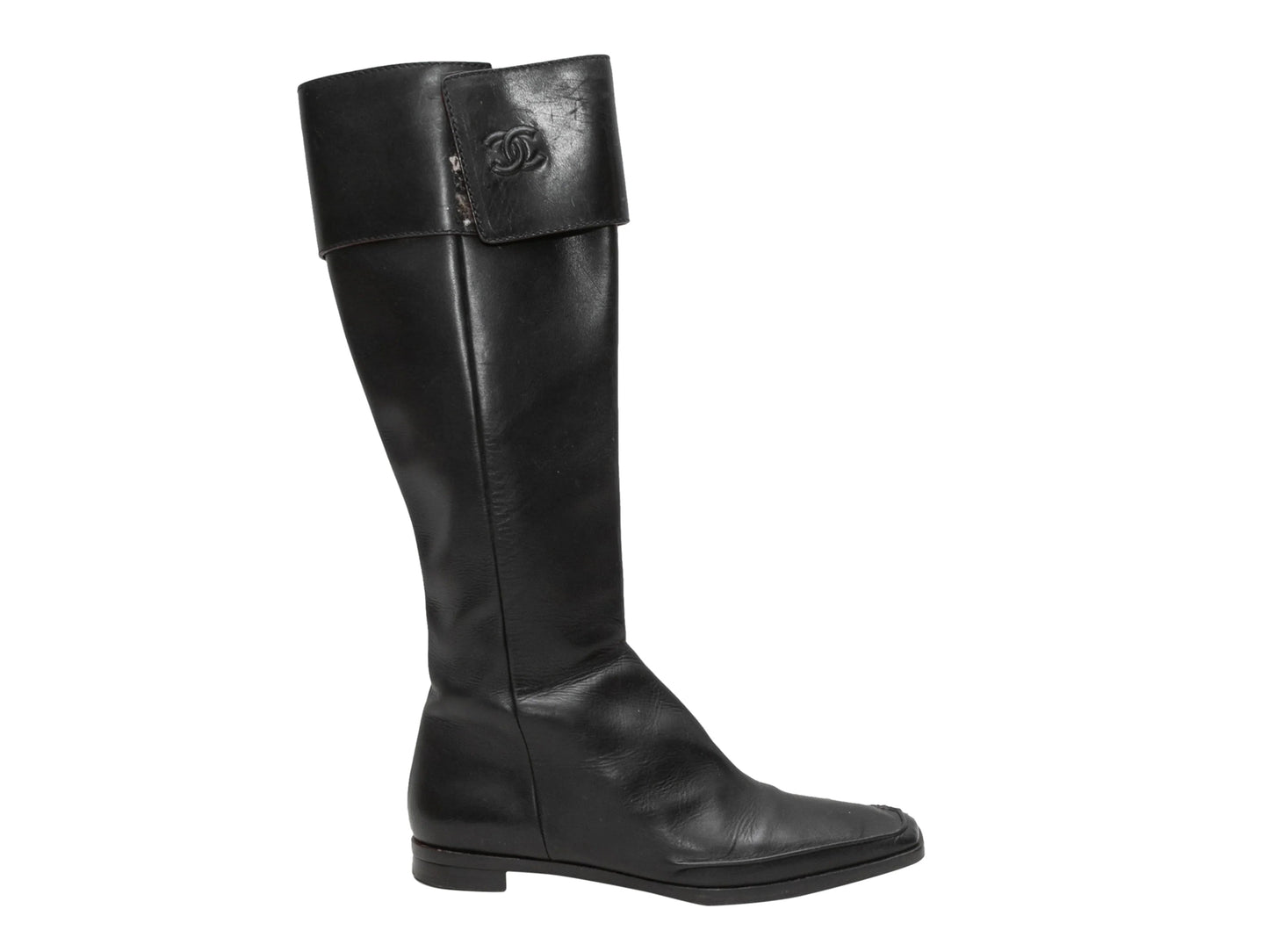 Black Chanel Knee-High Square-Toe Leather Boots Size 38