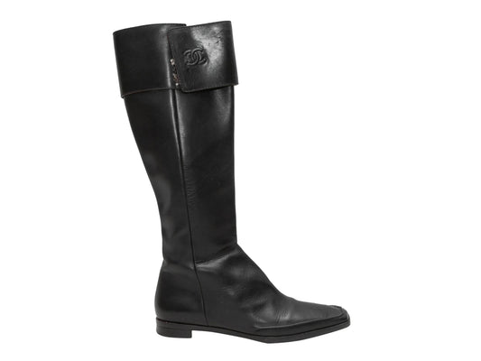 Black Chanel Knee-High Square-Toe Leather Boots Size 38